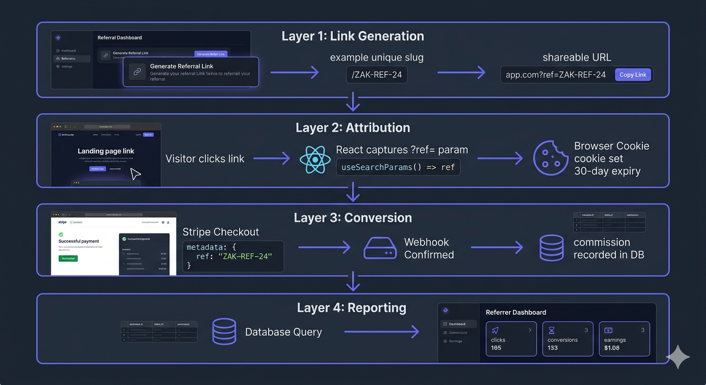 A four-layer architecture diagram stacked vertically. Layer 1 'Link Generation': User dashboard → unique slug → shareable URL. Layer 2 'Attribution': Visitor clicks link → React captures ?ref= param → cookie set with 30-day expiry. Layer 3 'Conversion': Stripe checkout → ref in metadata → webhook confirmed → commission recorded in DB. Layer 4 'Reporting': DB query → referrer dashboard → clicks, conversions, earnings. Dark slate background, each layer in a distinct indigo-bordered card, connecting arrows between layers.