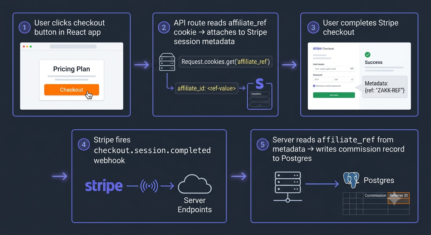 A linear flow diagram showing the conversion path. Step 1: 'User clicks checkout button in React app'. Step 2: 'API route reads affiliate_ref cookie → attaches to Stripe session metadata'. Step 3: 'User completes Stripe checkout'. Step 4: 'Stripe fires checkout.session.completed webhook'. Step 5: 'Server reads affiliate_ref from metadata → writes commission record to Postgres'. Dark slate background, numbered steps in indigo circles, connecting arrows with subtle glow.