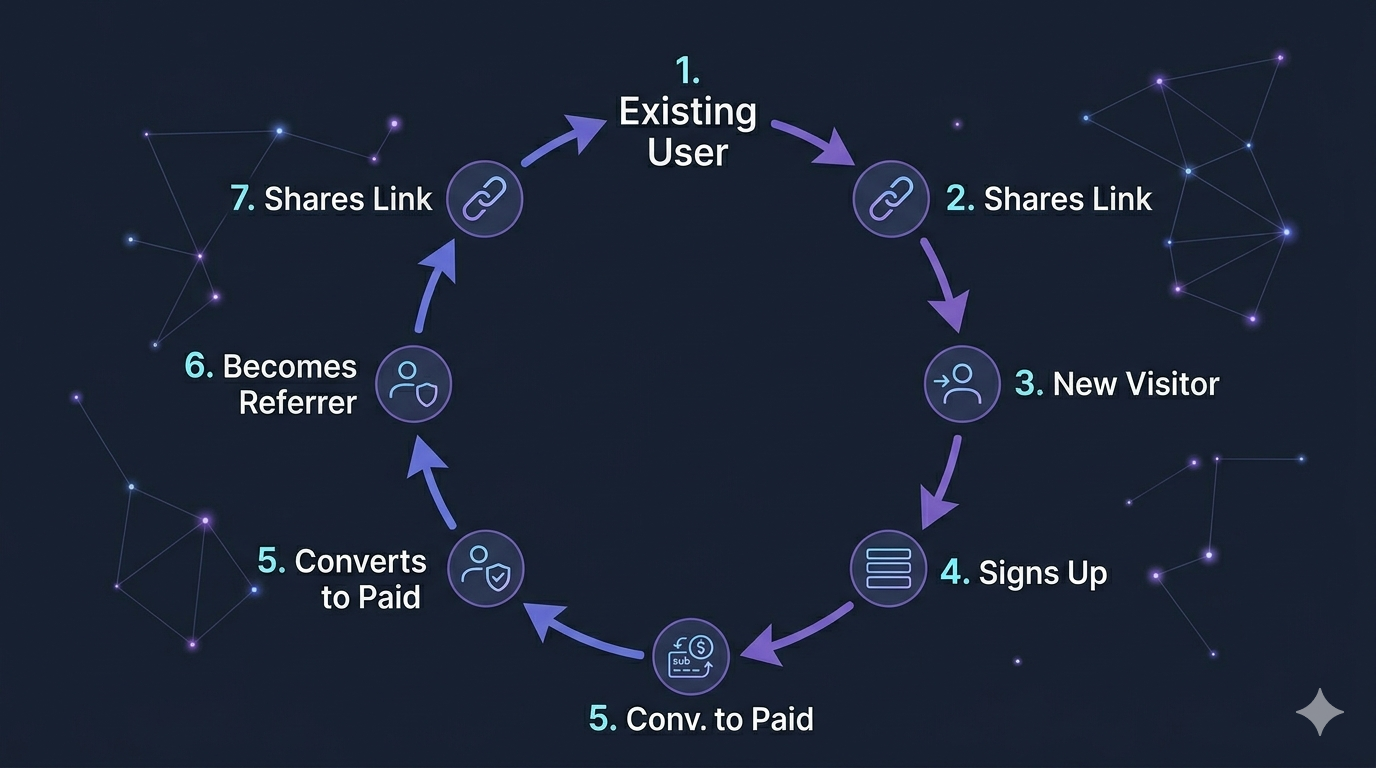 A circular flow diagram showing the referral loop: Existing User → Shares Link → New Visitor → Signs Up → Converts to Paid → Becomes Referrer → Shares Link (back to start). Each stage connected by indigo arrows in a clean circular layout. Dark slate background, numbered stages, subtle glow on the connecting arrows.