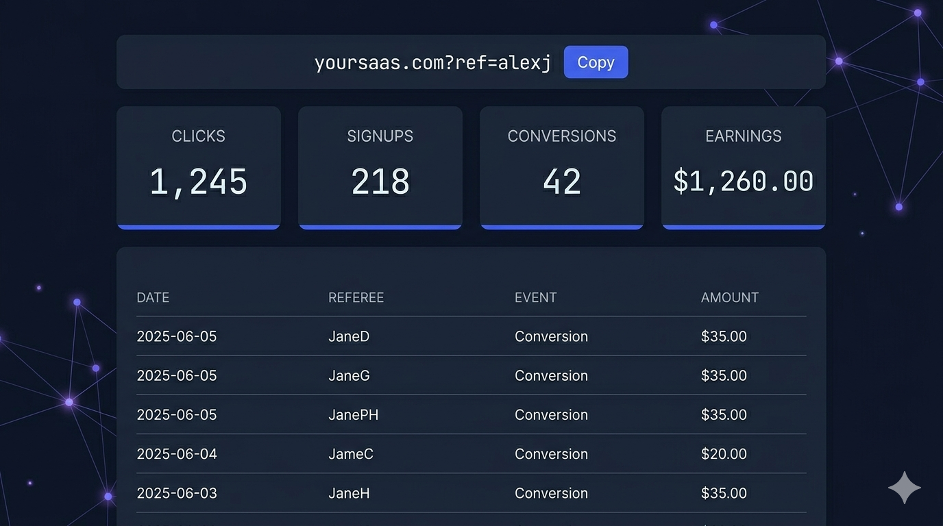 A minimal affiliate dashboard UI mockup showing: referral link with copy button at the top, four stat cards (Clicks, Signups, Conversions, Earnings), and a commission history table below. Dark slate background, indigo accent on the stat cards, clean monospaced font for the numbers.