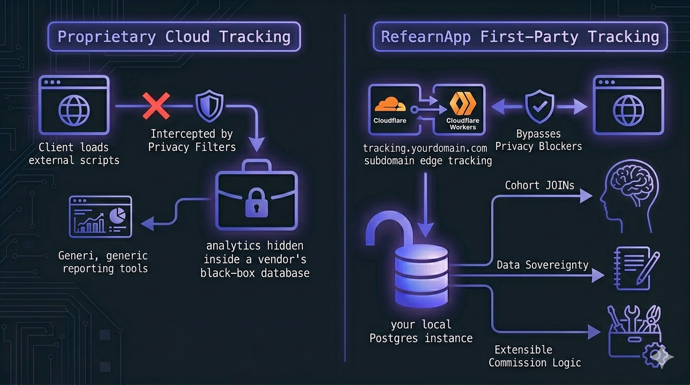 Side-by-side architecture comparison. Left panel labeled 'Proprietary Cloud Tracking': Client browser loads external scripts → tracking cookies intercepted by privacy filters → analytics hidden inside a vendor's black-box database. Right panel labeled 'RefearnApp First-Party Tracking': Subdomain edge tracking runs on your own domain → bypasses privacy blockers → logs conversion events directly to your local Postgres instance. Dark slate background with indigo flow lines.