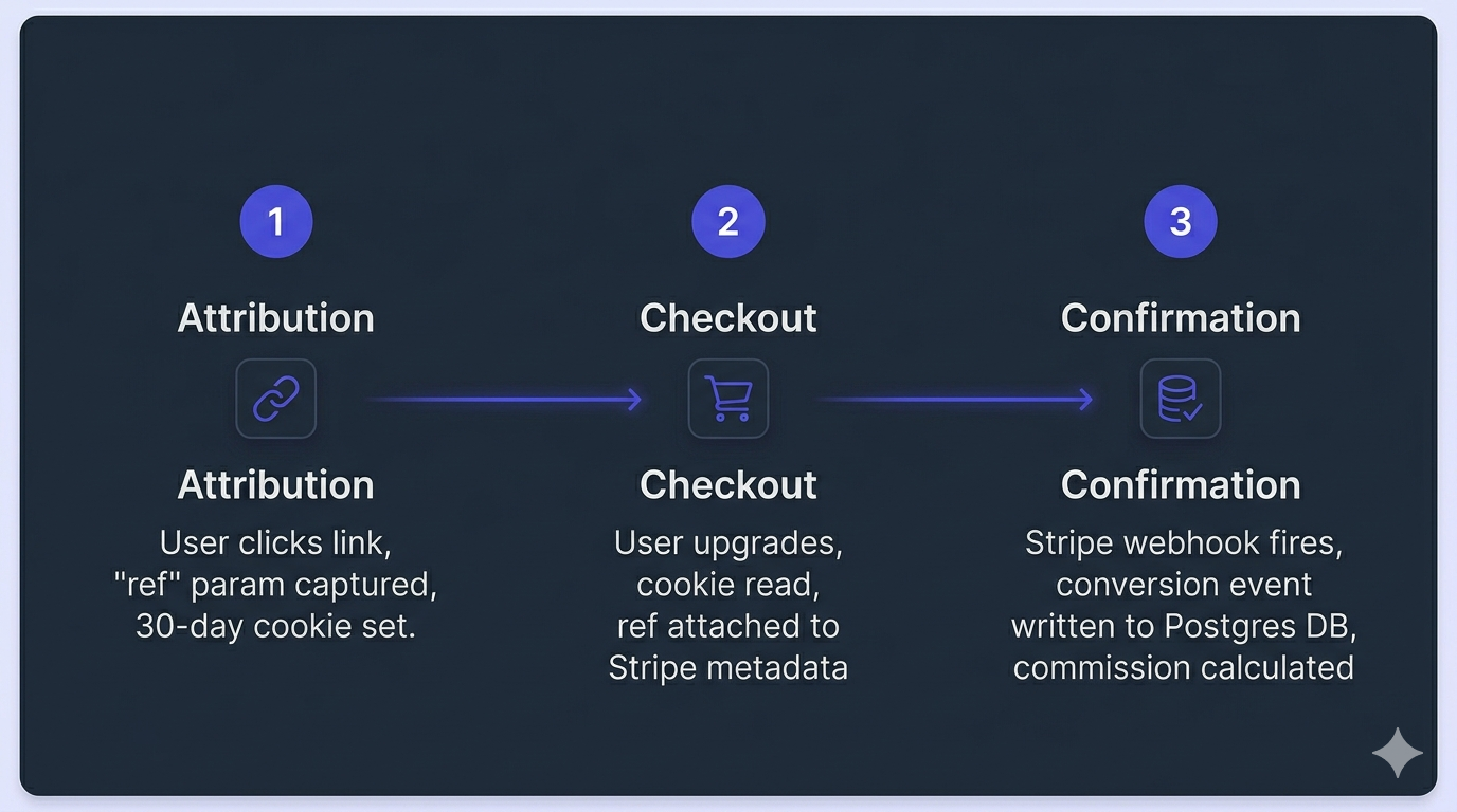 3-stage technical data flow chart mapping cookie-level attribution, metadata injection inside checkout route, and final Stripe webhook execution loops